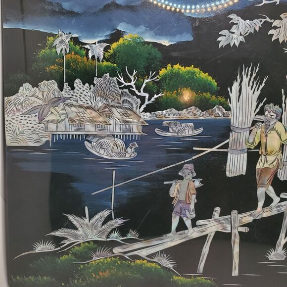 Inlaid Asian Artwork Shell On Black Lacquered Wood Vintage 12x16 Inches - Picture 2 of 15